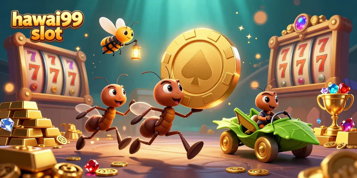 Experience the hawai99 slot excitement with a dynamic heist scene featuring ants and casino elements.