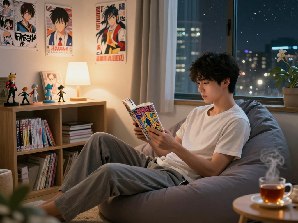 Engaging manga reading scene at https://hitomi-mangaraw01.com/ showcasing cozy ambiance with manga collectibles.