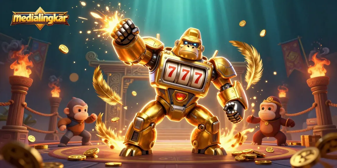 Experience the excitement of medialingkar's gaming with a vibrant 3D illustration showcasing dynamic slot-themed elements and characters.