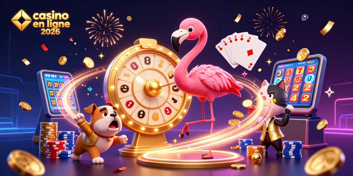 Illustration 3D dynamique "casino en ligne 2026" avec un animateur flamboyant, un bulldog enthousiaste, et des effets de jeu