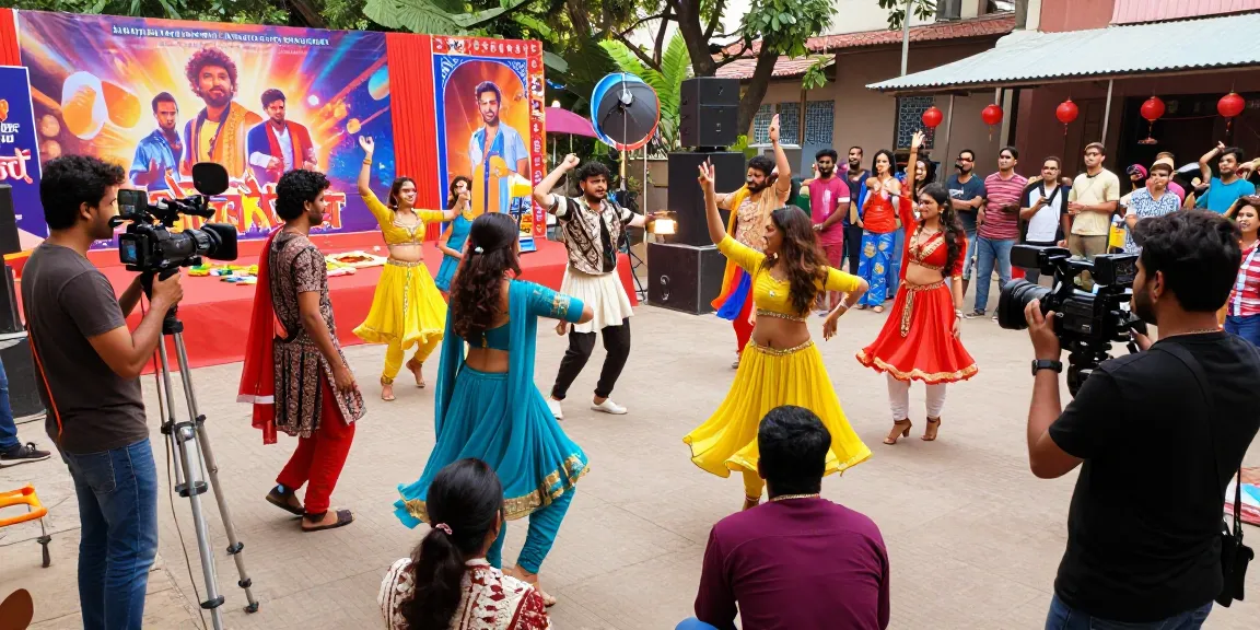 Bolly4u official scene showcasing Bollywood film production with a diverse cast and crew creating a musical number.