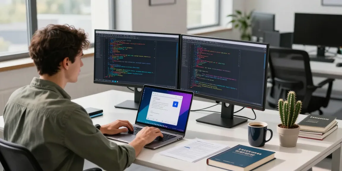 Focused technician coding on dual screens in a modern office, showcasing 纸飞机中文版 interface amidst a vibrant workspace.