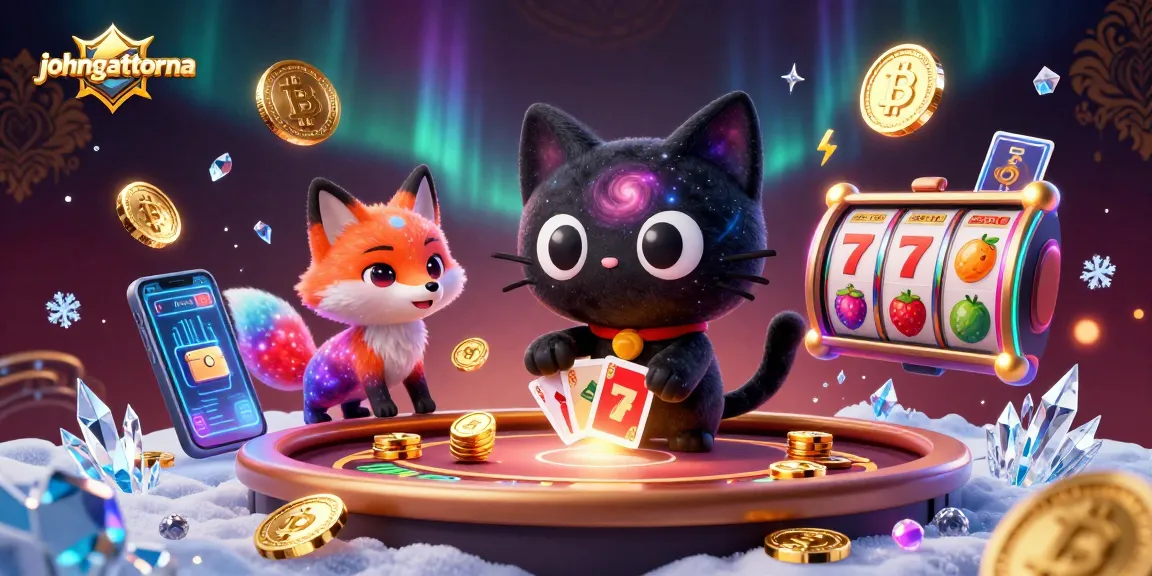 Engage with johngattorna's cosmic gambling scene featuring a black hole cat and vibrant slot reels.
