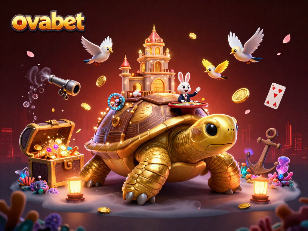 Engaging casino scene featuring the ovabet brand, with a golden tortoise and rabbit dealer amidst vibrant game elements.