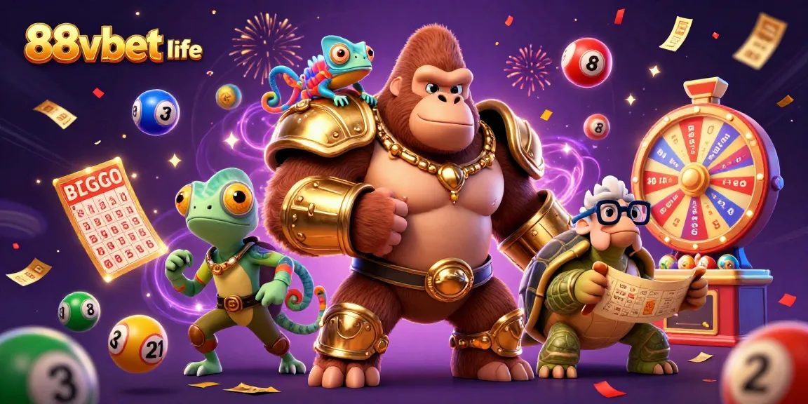 Experience the excitement of 88vbet life with a gorilla king, chameleon, and tortoise in a vibrant casino scene.