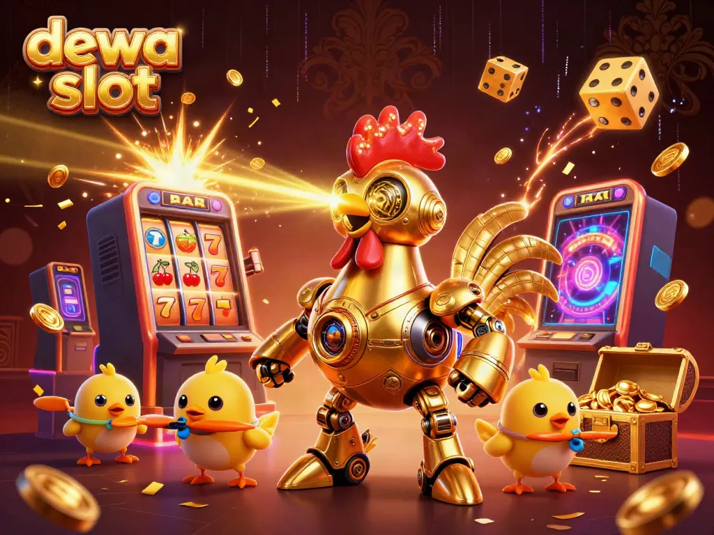 Gambarkan mesin slot dewa slot dengan robot ayam emas futuristik dan robot kecil dalam suasana ceria.