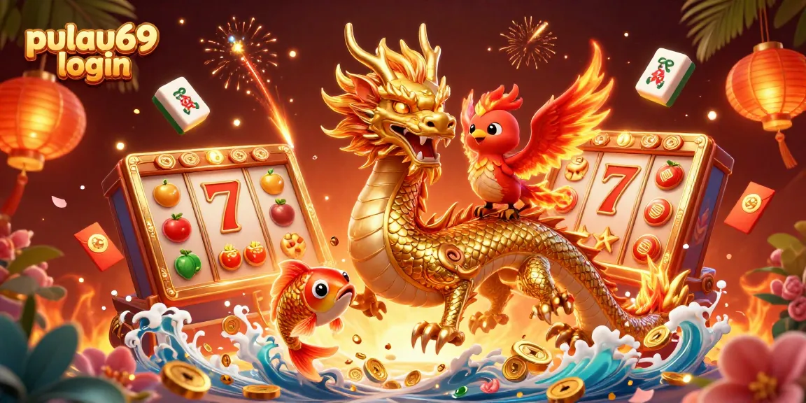 Play slots and win with pulau69 login, featuring vibrant 3D characters and casino elements.