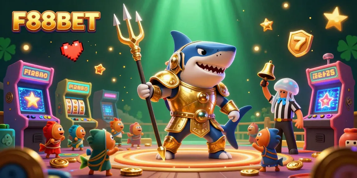 Join the excitement with F88BET in this vibrant 3D casino illustration featuring a golden shark and a thrilling jackpot atmosphere.