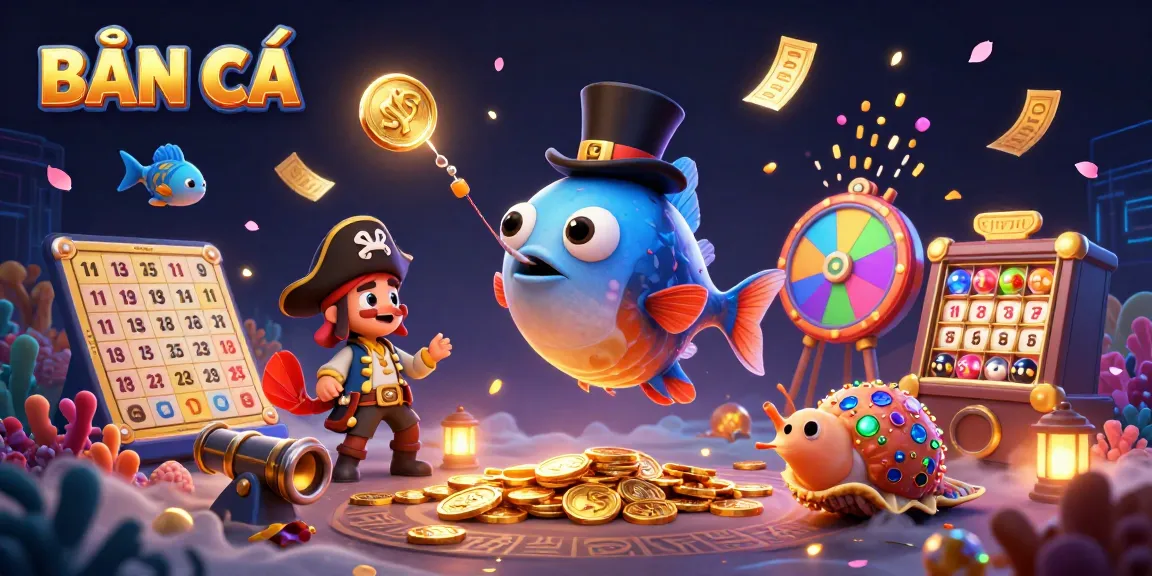 Engaging action of BẮN CÁ with vibrant sea creatures and gold coins in a dynamic illustration.