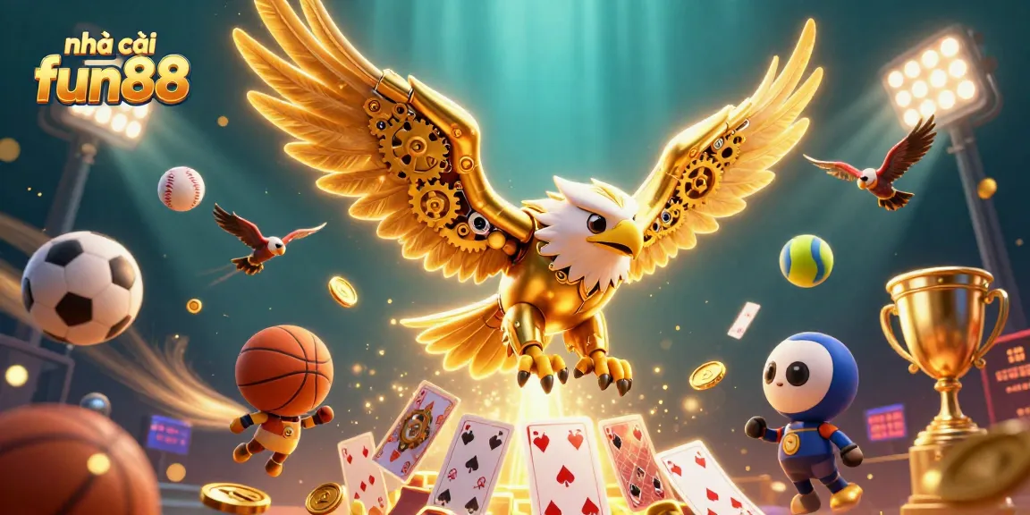 Engaging scene depicting nhà cái fun88 and sports betting, featuring a cybernetic eagle amidst flying sports balls and holographic cards.