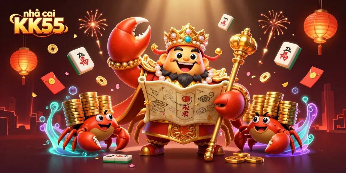 Engage with nhà cái KK55 featuring dynamic 3D characters amidst vibrant casino elements and treasure themes.