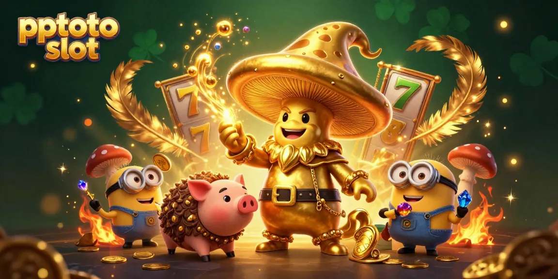 PPTOTO slot scene features a golden wizard casting magic with gems and coins around