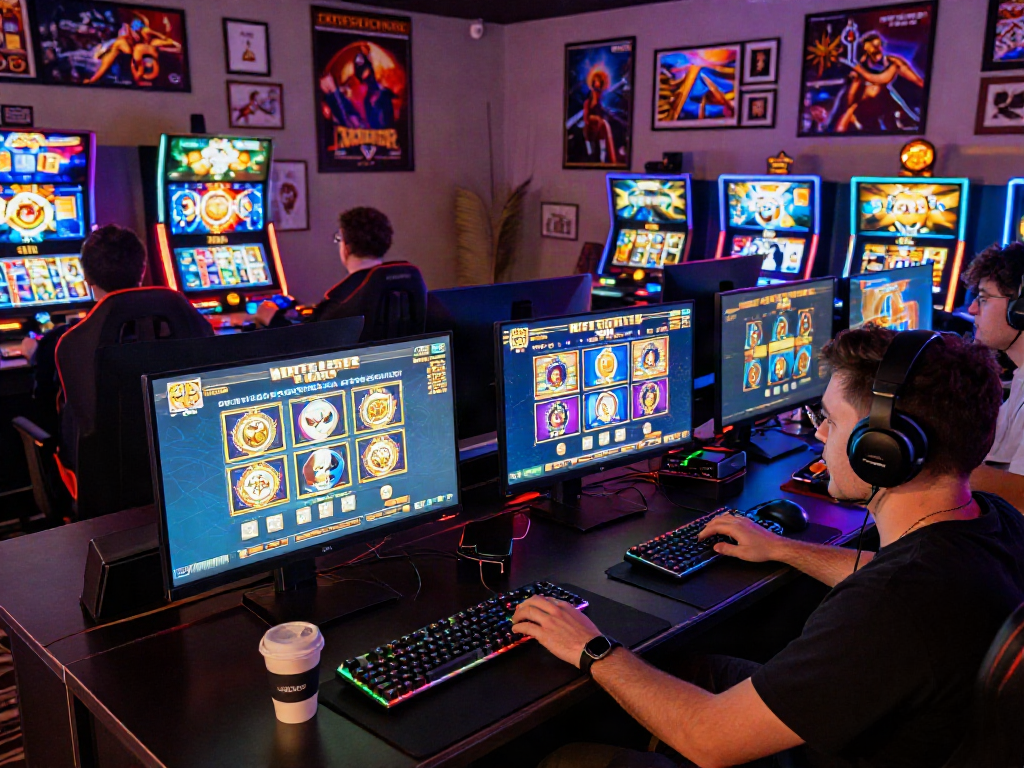 Engaged player at a vibrant online casino gaming setup showcasing rutanslot experience.