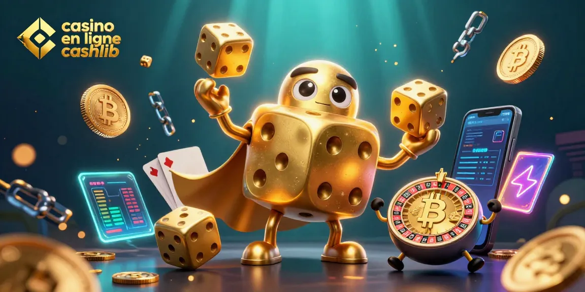 Découvrez le casino en ligne cashlib avec des dés dorés jonglant et des pièces de crypto-monnaie scintillantes.