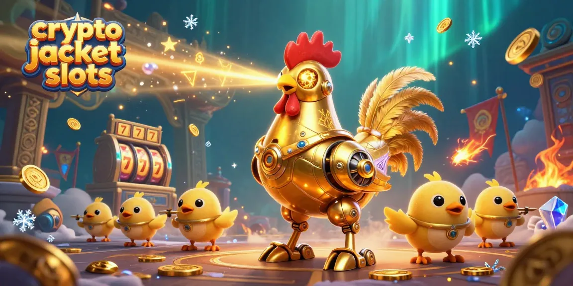 Engaging scene of crypto jackpot slots with a golden rooster robot and baby chick drones in a dynamic casino setting.
