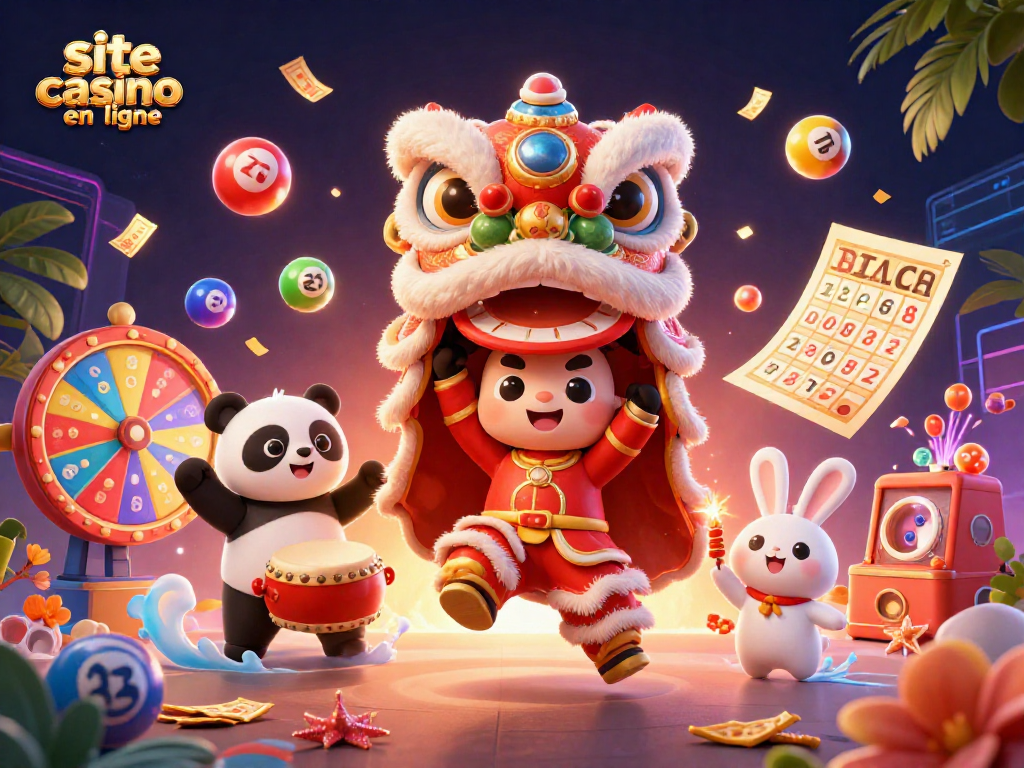 Plongez dans l'univers du site casino en ligne avec une fête vibrante des personnages ludiques et des éléments de jeu.