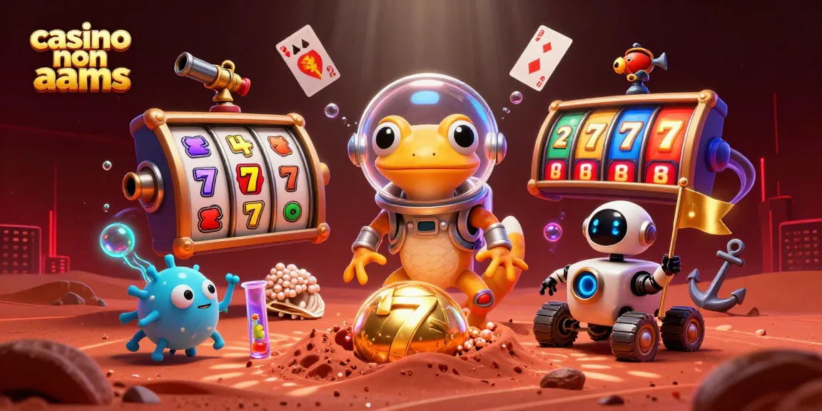Scopri una vincente avventura nei casino non AAMS con il gecko spaziale e il robot, esplorando i rulli delle slot.