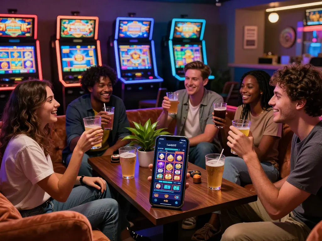 Friends enjoying a gaming session at Luxury12, showcasing vibrant slot machines.
