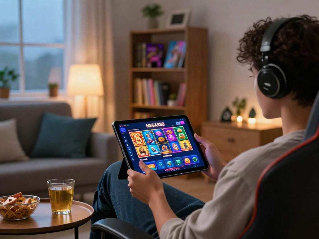 Engaging with the MEGA888 app in a cozy home setting, showcasing vibrant online casino games.