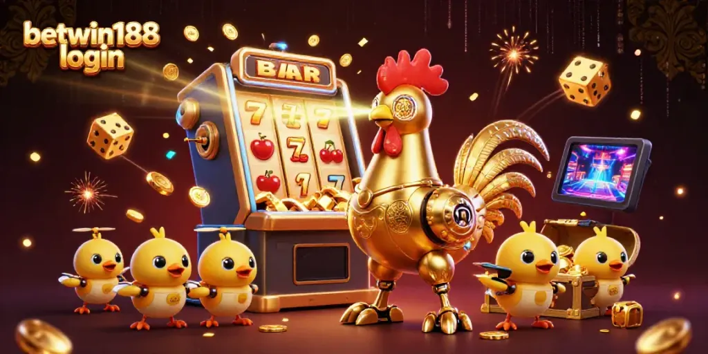 Permainan menarik di BETWIN188 login dengan pemain robot dan simbol jackpot yang berkilauan.