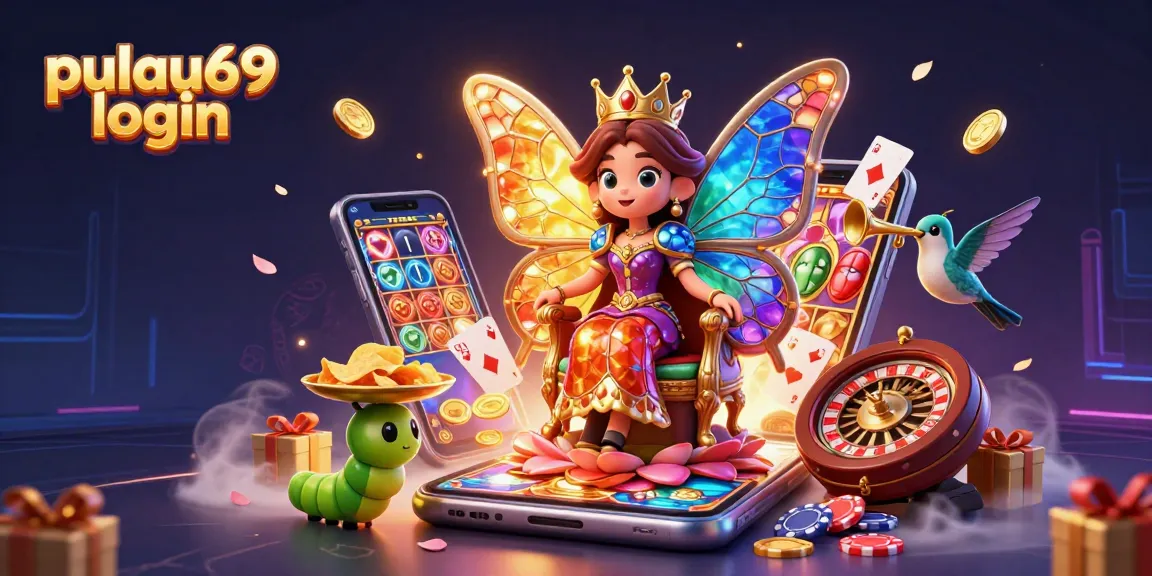 Engage with the pulau69 login experience featuring a cartoon butterfly queen amidst vibrant casino elements.