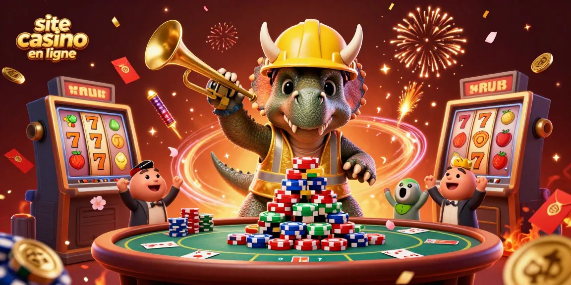 Construisez vos gains sur un site casino en ligne avec un triceratops triomphant entouré de fêtards et d'éléments de casino.