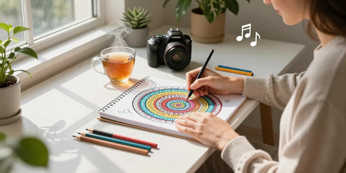 Engaging in coloring for stress relief in a cozy art studio with warm lighting and relaxing atmosphere.