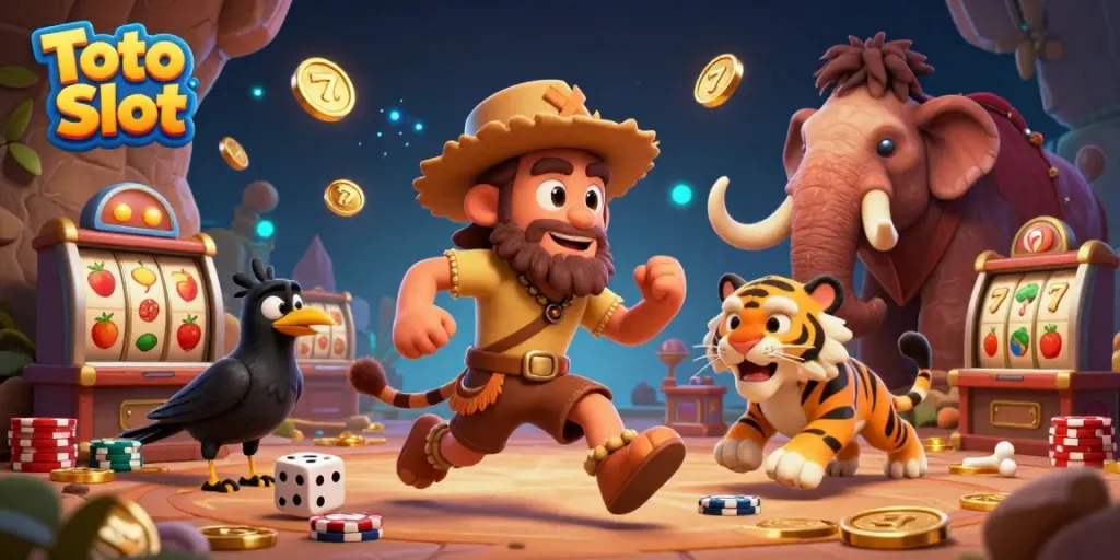 Toto Slot menyajikan ilustrasi kasino prasejarah dengan karakter lucu dan simbol mesin slot.