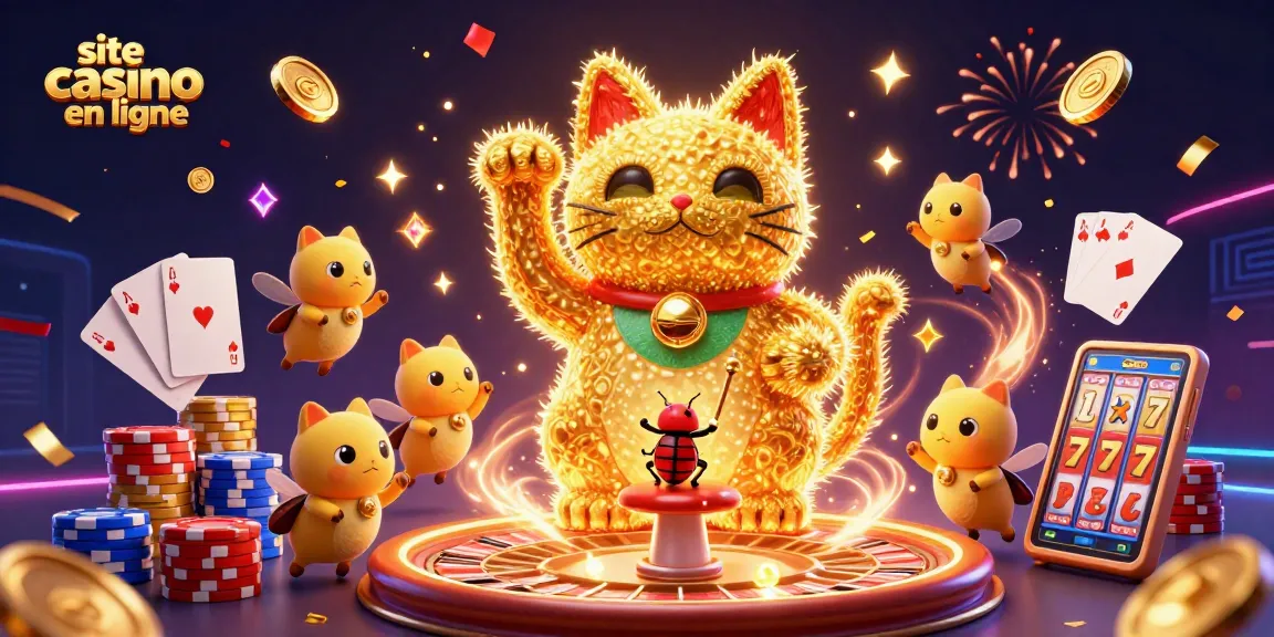 Profitez des jeux sur un site casino en ligne avec un chat porte-bonheur au milieu de pièces dorées.