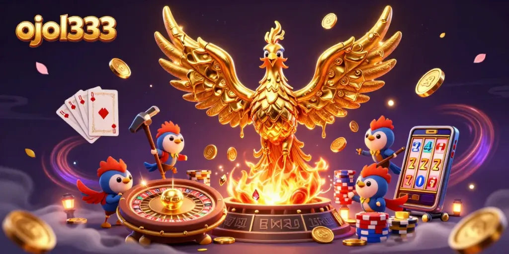 Spin to win with ojol333 in this rich casino scene filled with golden coins and vibrant game elements.