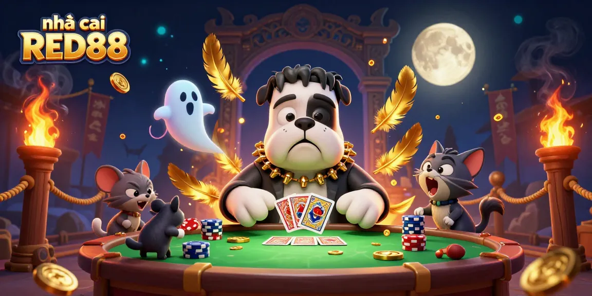Engage with nhà cái RED88 as a lively Frankenstein bulldog deals cards surrounded by casino elements.