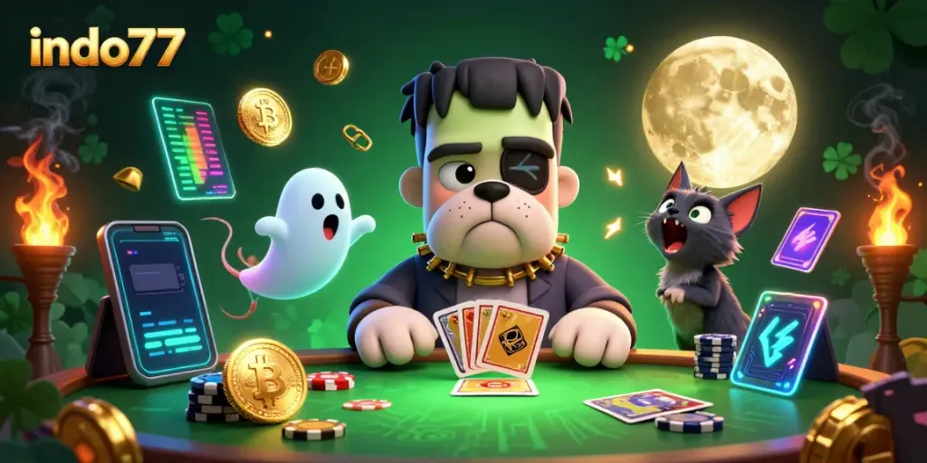Permainan kasino seru di indo77 dengan bulldog dan bulan emas, simbol kripto berkilau.