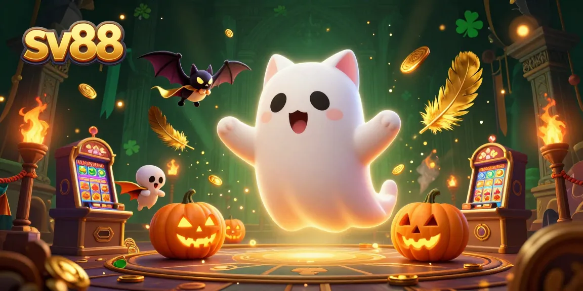 sv88 offers thrilling gambling experiences with a ghost cat and bat in a colorful casino