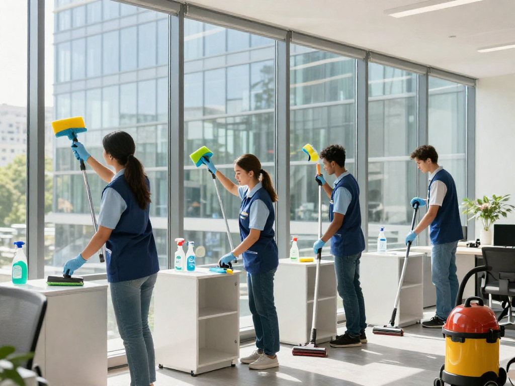 Professionelle Gebäudereinigung Dortmund, Team bei der Fensterreinigung mit hochwertigen Reinigungsmitteln.