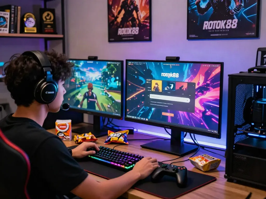 Engaging player focused on rokok88 link login at vibrant gaming setup, with colorful screens and high-end peripherals.