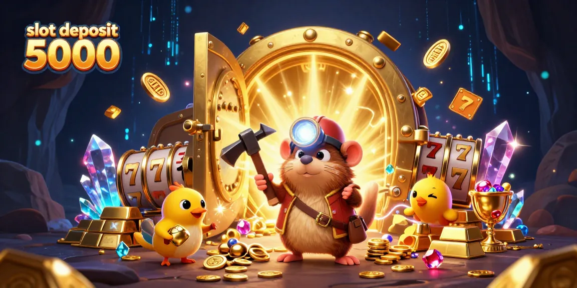 Permainan slot deposit 5000 yang seru dengan simbol slot dan koin berkilauan.