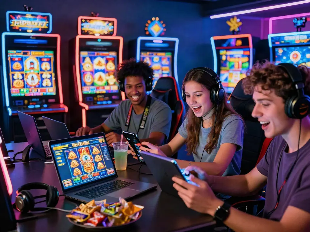 Excited players engaging with slot online games in a vibrant virtual casino atmosphere.