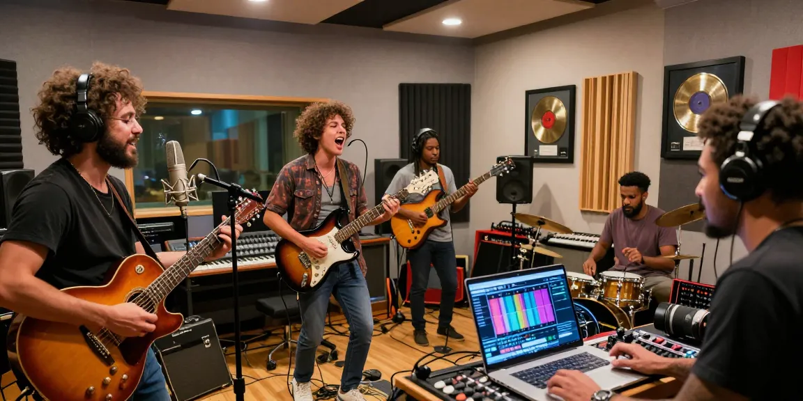 Collaboration in a recording studio with musicians creating music for BlastRecords.