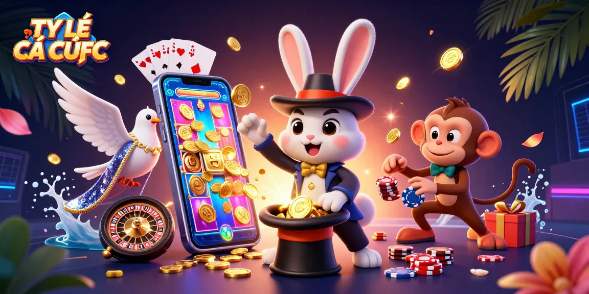 Experience captivating TỶ LỆ CÁ CƯỢC magic with a rabbit pulling coins and a dazzling gambling scene.
