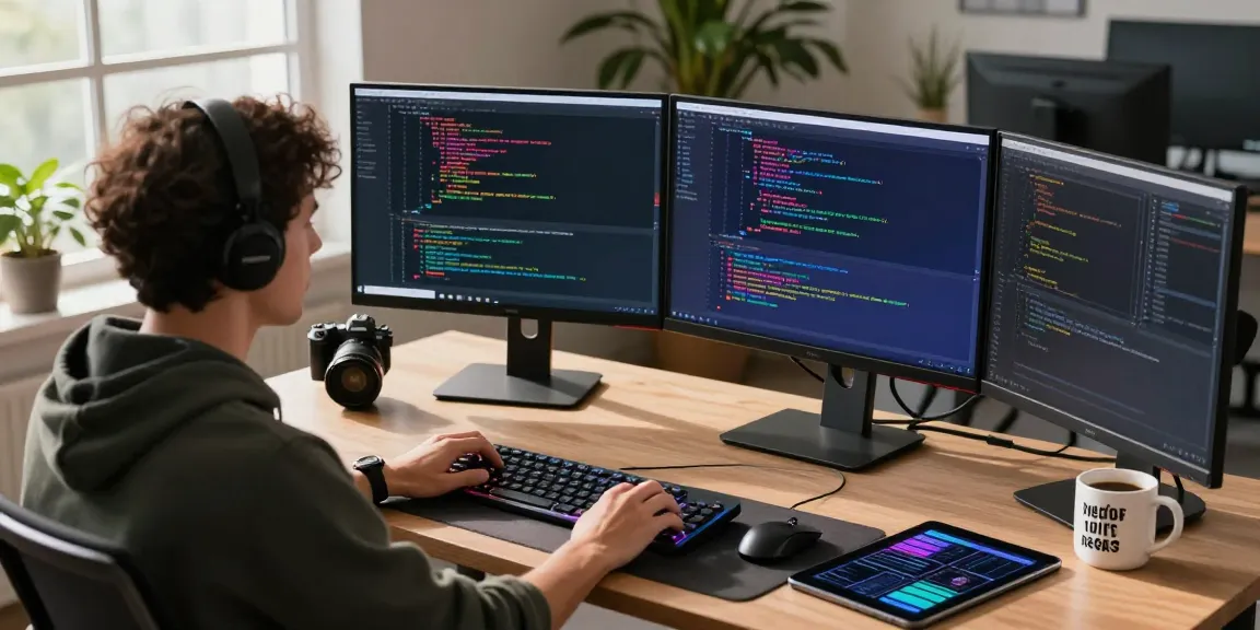 Developer focused on a multi-screen desk display in a bright, modern tech workspace.