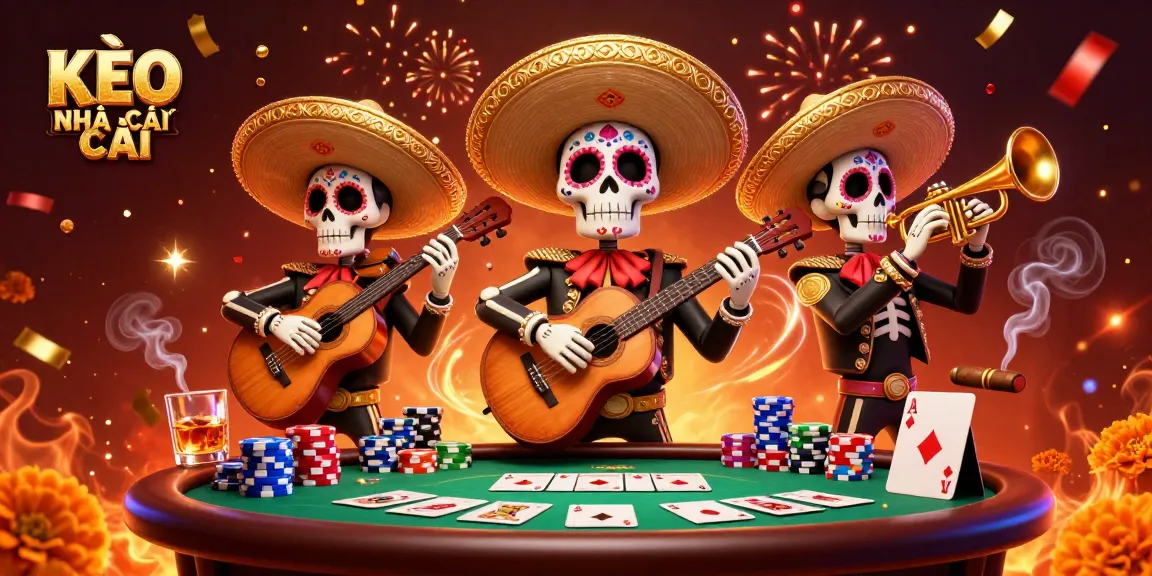 KÈO NHÀ CÁI showcases a vibrant scene with a mariachi band amidst poker elements, capturing the thrill of gaming.