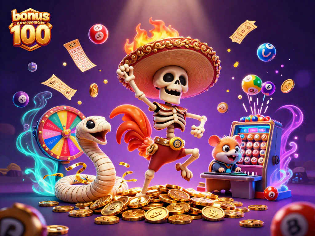 Experience the excitement of winning with bonus new member 100 at the casino, featuring vibrant characters and gaming elements.