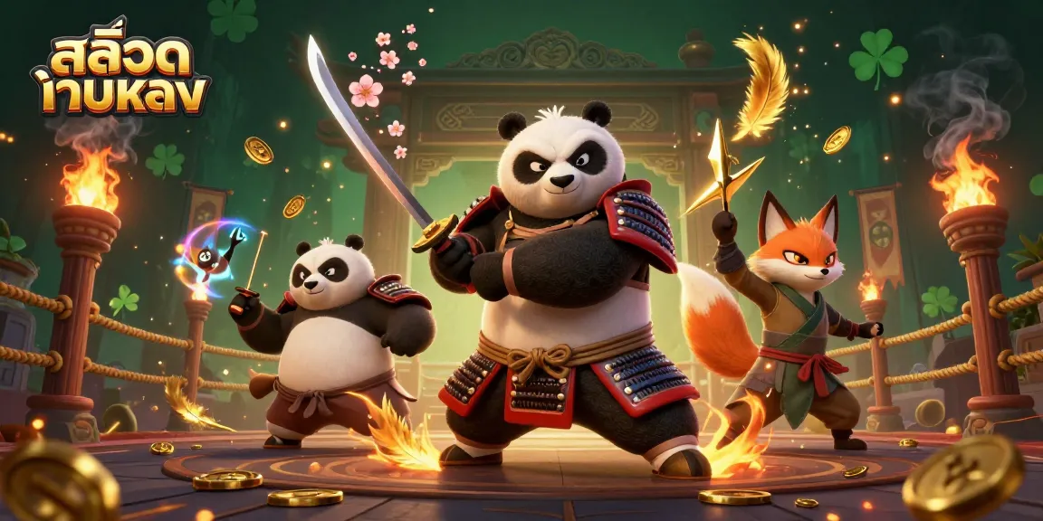 Experience excitement with สล็อตเว็บตรง as the samurai panda and ninja fox battle for treasures in a vibrant scene.