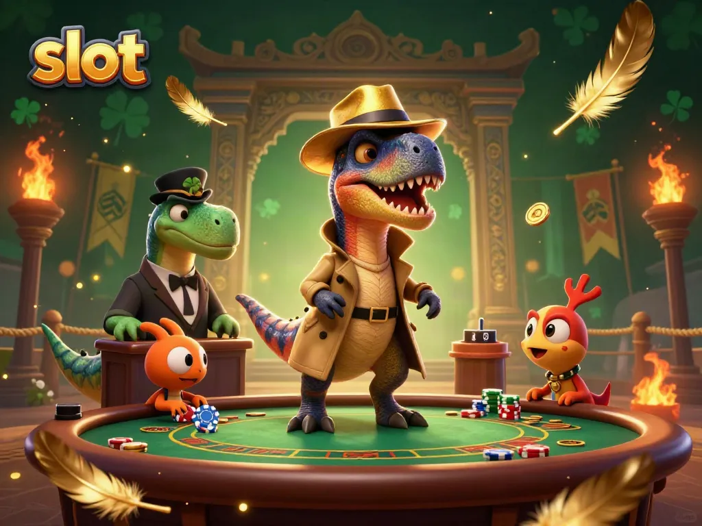 Experience thrilling slot gameplay with velociraptors in a casino setting.