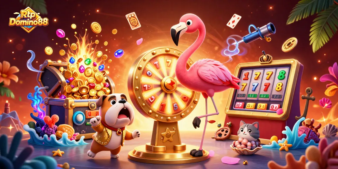 Engage with Rtp Domino88 through a vibrant casino-themed illustration showcasing a game show host, contestant, and scoreboard.