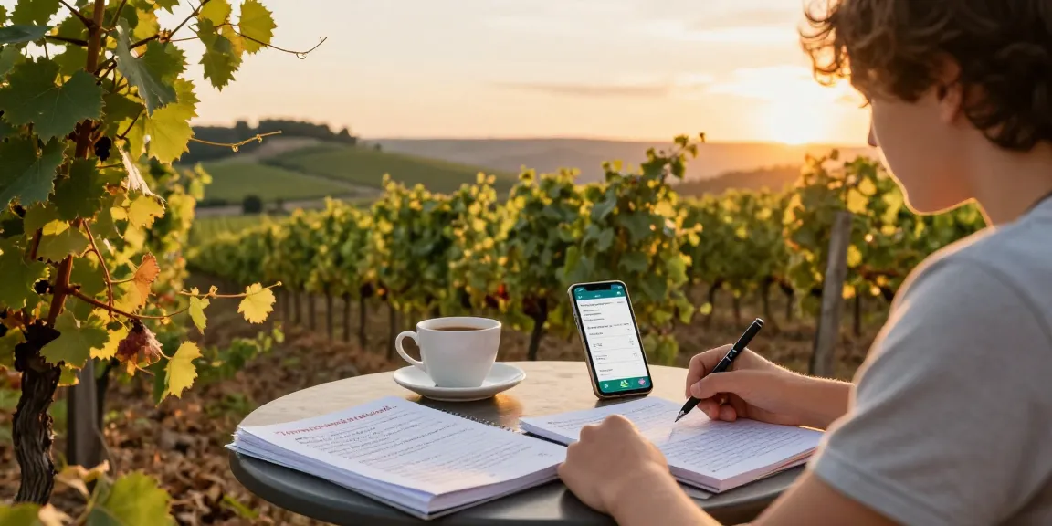 Estudiando cursos de francés en Francia al aire libre, con vistas a viñedos y recursos lingüísticos.