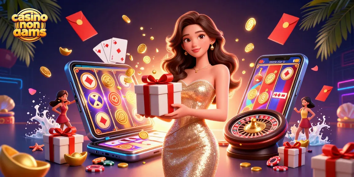 Interagisci con le promozioni dei casinò non AAMS, con una donna straordinaria in mezzo a elementi festivi del casinò.