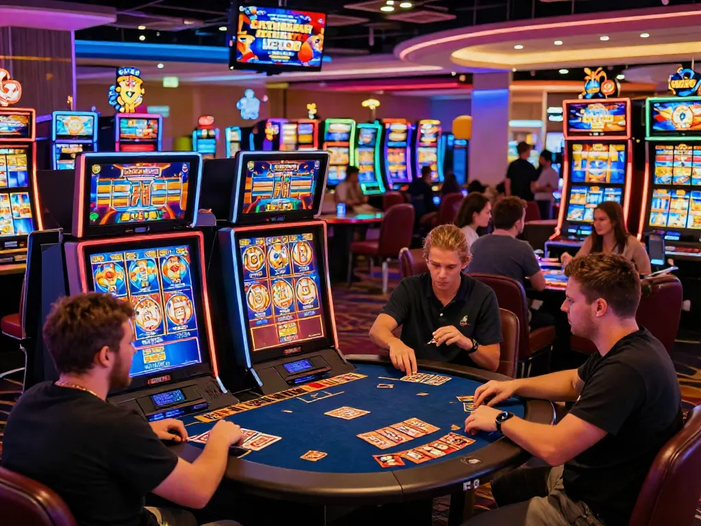 Exciting gaming atmosphere at credit card casinos with players engaging at various gaming stations.