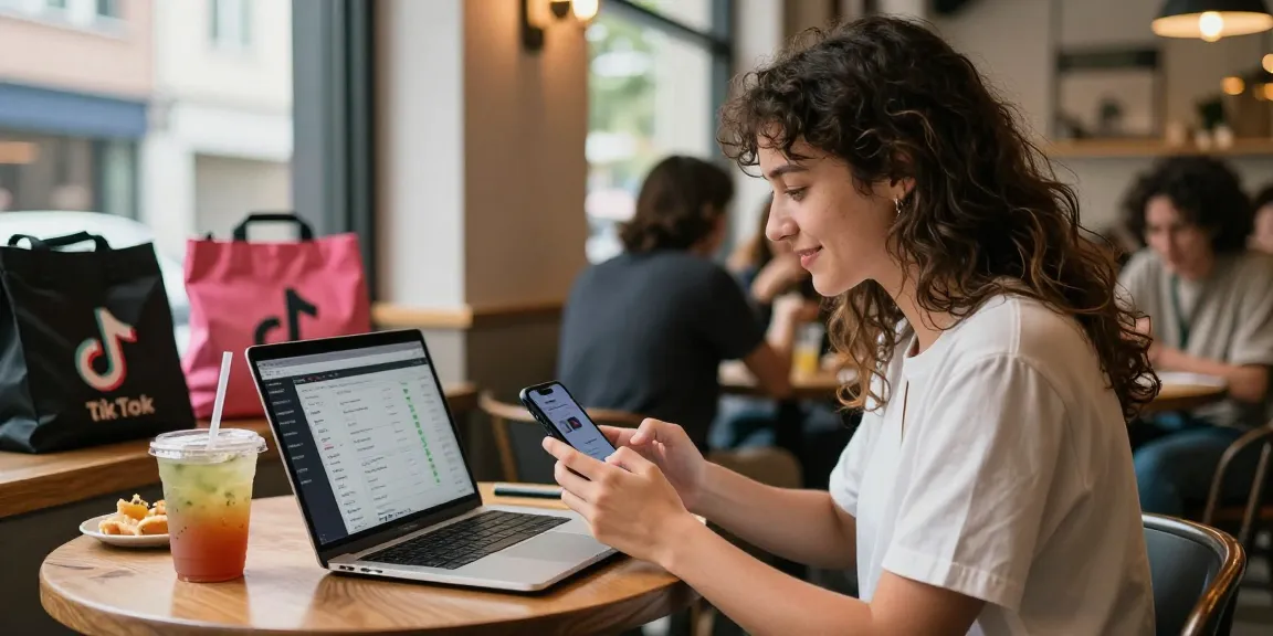 Young influencer using smartphone in café, showcasing the best place to buy tiktok likes for engagement.