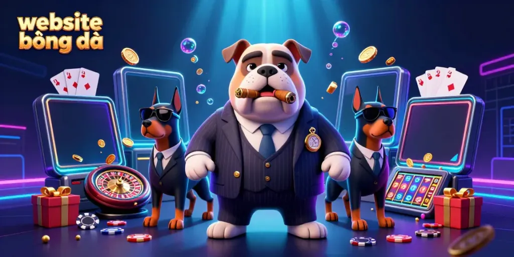 Experience the thrill of betting with this packed illustration of a mafia dog and Doberman bodyguards under vibrant "website bóng đá" branding.